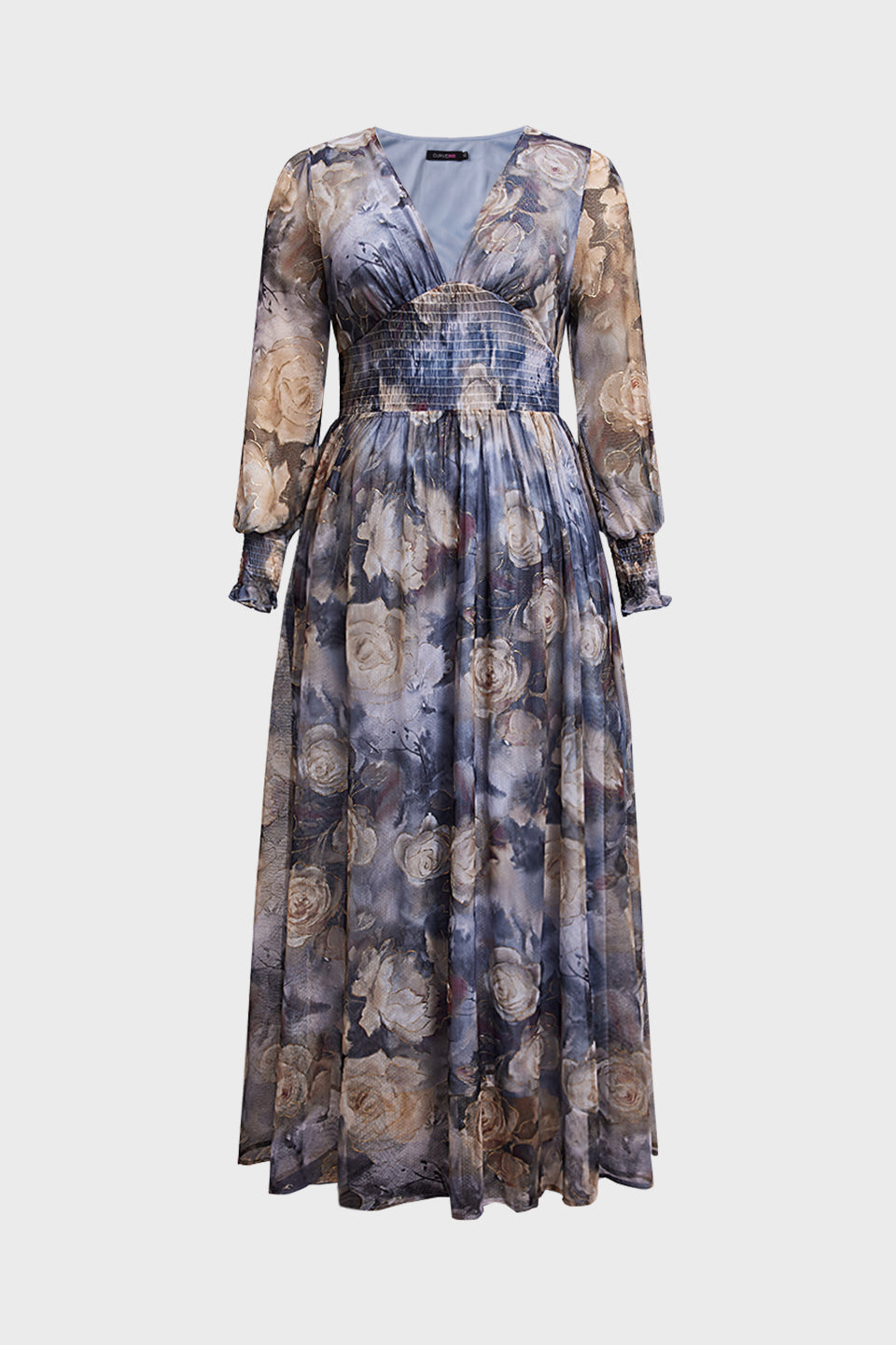 Plus size long sleeve maxi dress with floral waist for women