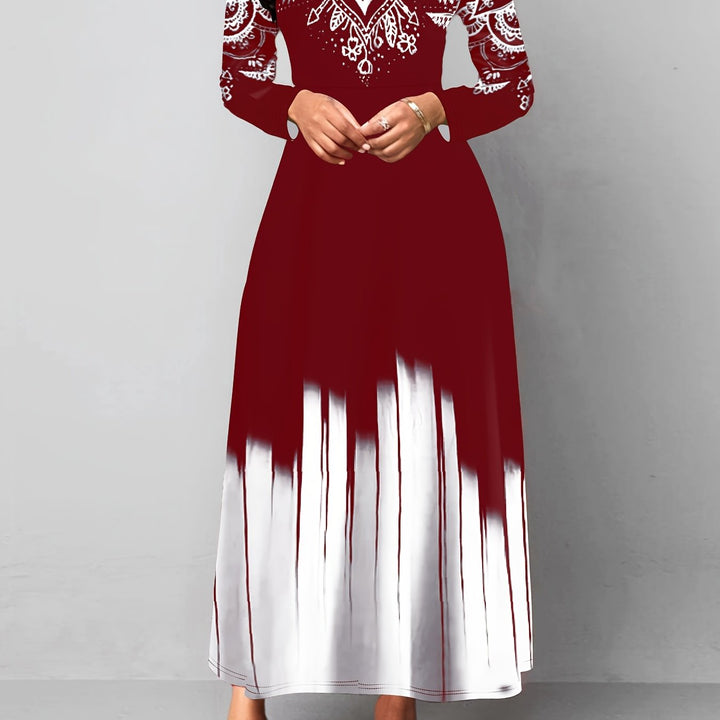Ornamental print maxi dress with flared skirt for women