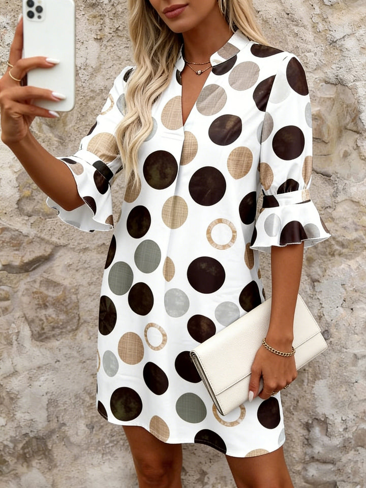 Polka dot mini dress with collared V-neck and ruffled 3/4 sleeves for women