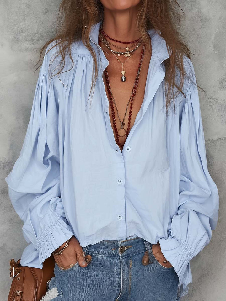 Cotton blouse with ruffle cuffs and relaxed fit for women