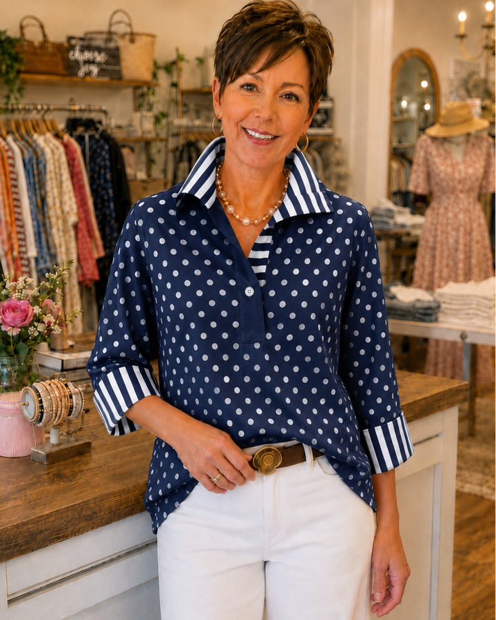 Cotton poplin polka dot blouse with striped collar for women