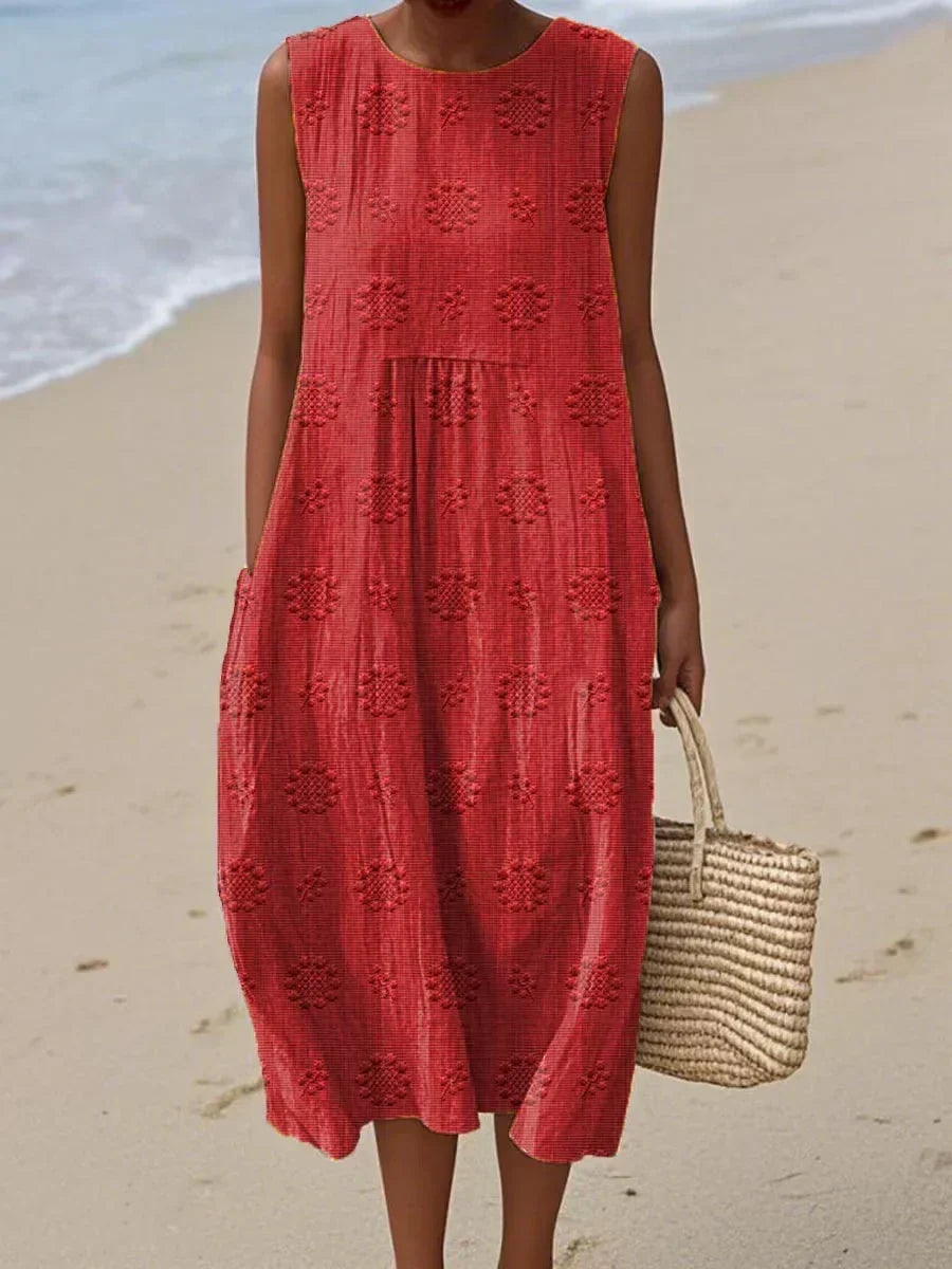Embroidered summer midi dress with hidden pockets for women