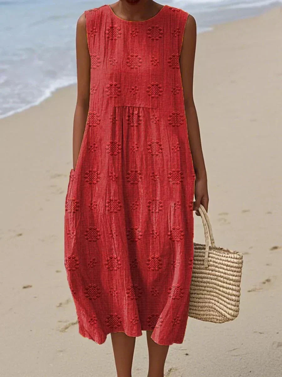 Embroidered midi dress with pockets for women