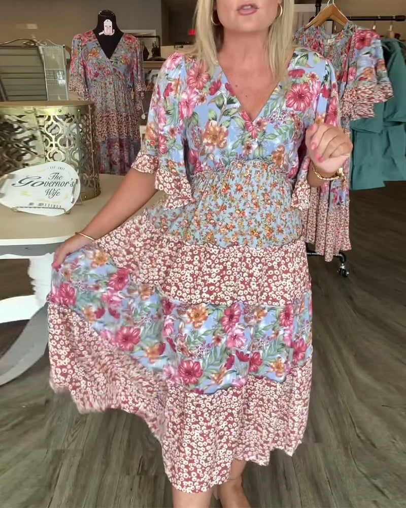 Floral maxi dress with V-neck and ruffle half sleeves for women
