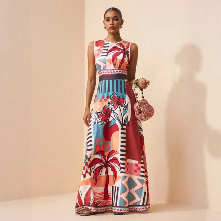 Maxi dress sleeveless with tropical art print for women
