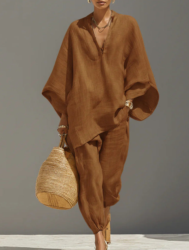 Linen blend two-piece set with oversized V-neck tunic and jogger pants for women