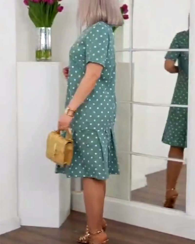 Polka dot dress knee length with buttons and short sleeves for women