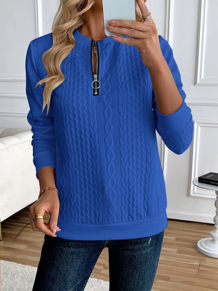 Textured knit sweatshirt with half zip for women