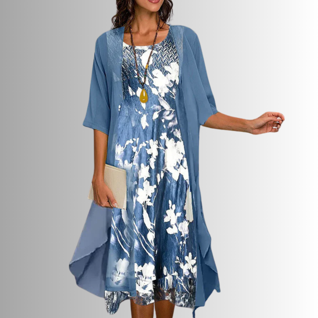 Two-piece floral slip dress with open overlay for women
