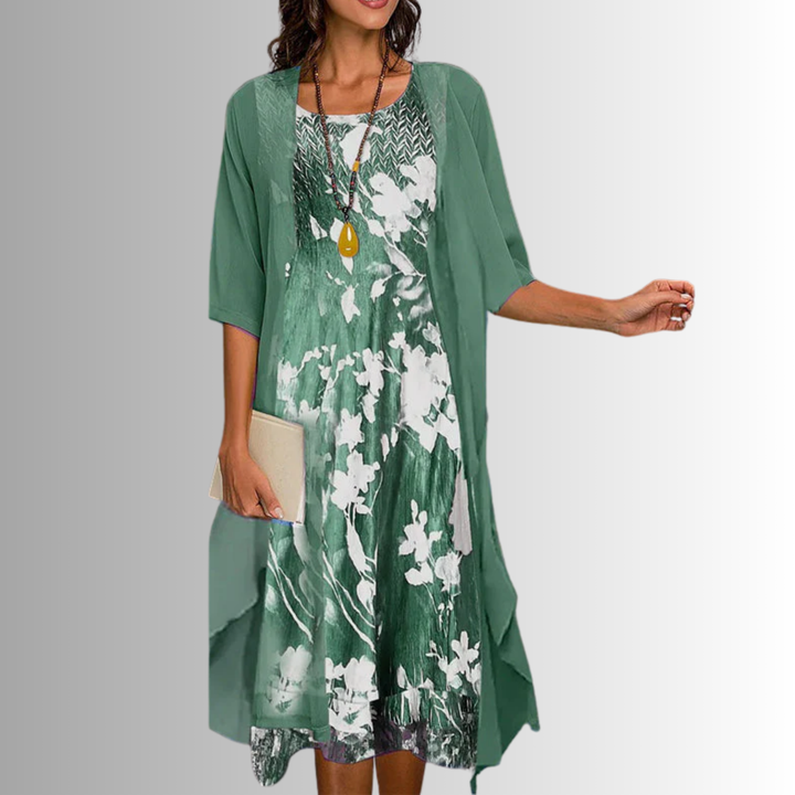 Two-piece floral slip dress with open overlay for women
