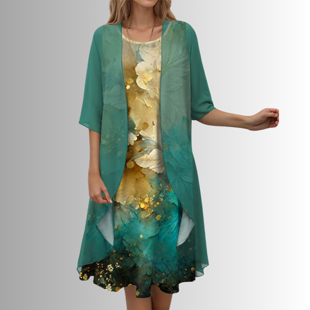Two-piece floral slip dress with open overlay for women
