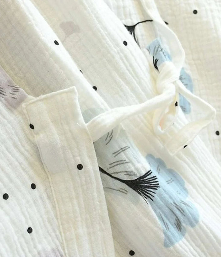 Kimono wrap top and pants lounge set with gingko leaf print for women