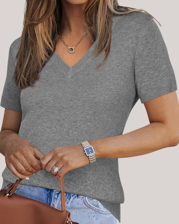 Wool blend lightweight knit top V-neck for women