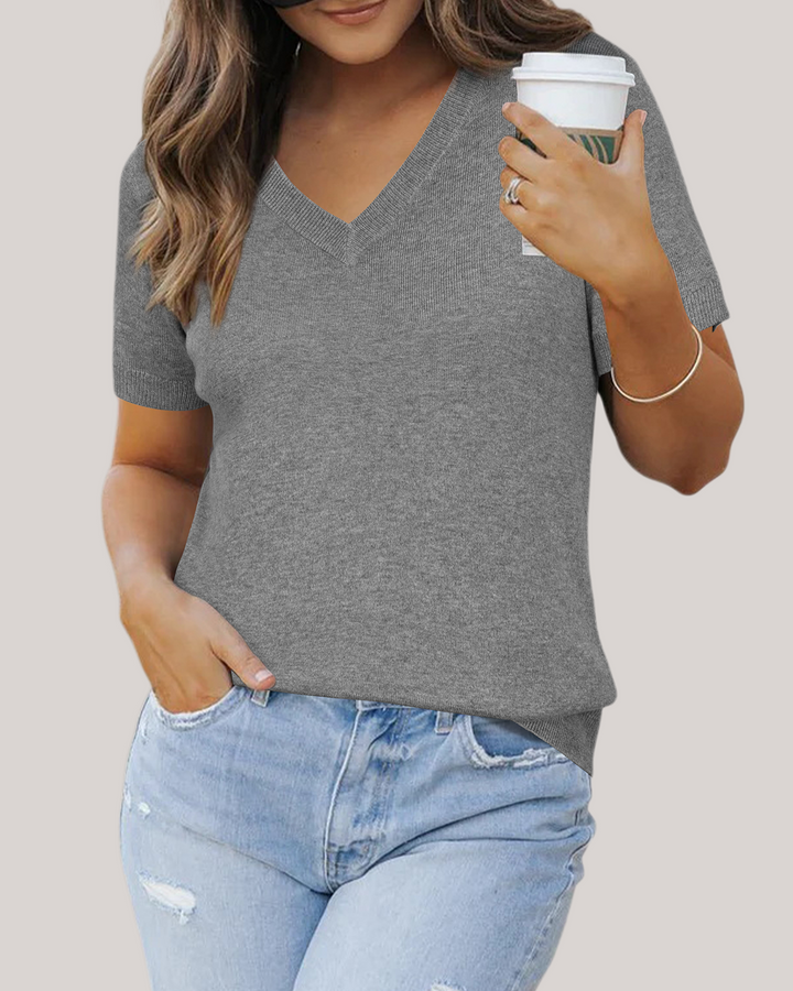 Wool blend lightweight knit top V-neck for women