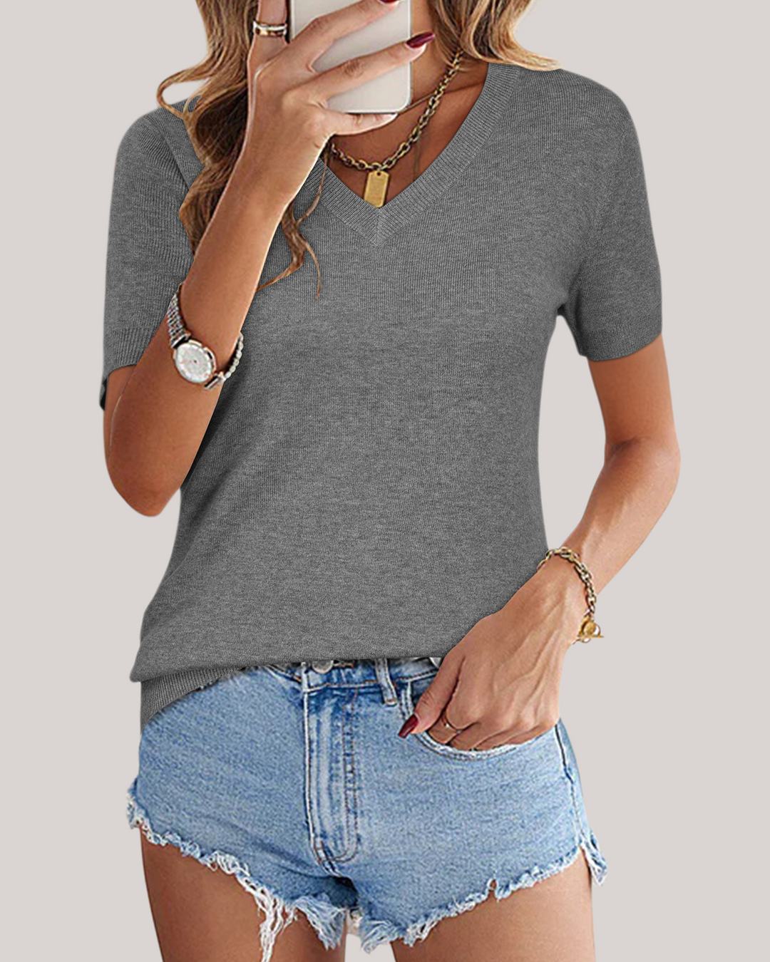 Wool blend lightweight knit top V-neck for women