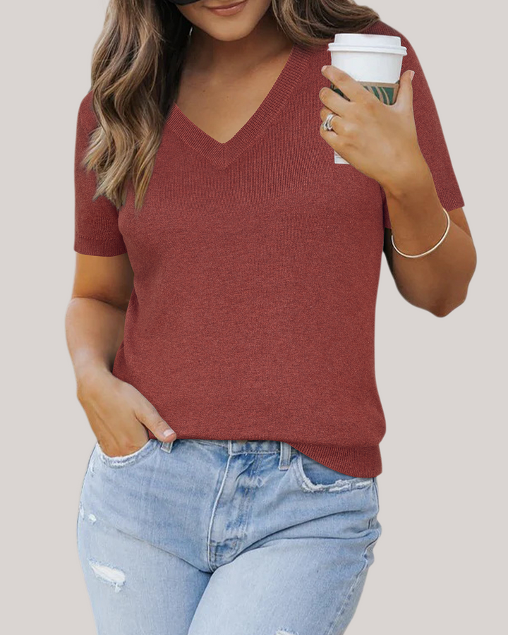 Wool blend lightweight knit top V-neck for women