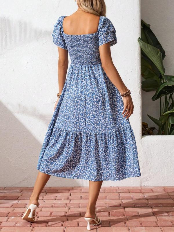 Square neck floral tiered midi dress for women