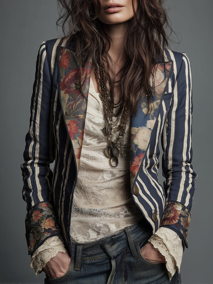 Cotton linen striped blazer with floral print for women