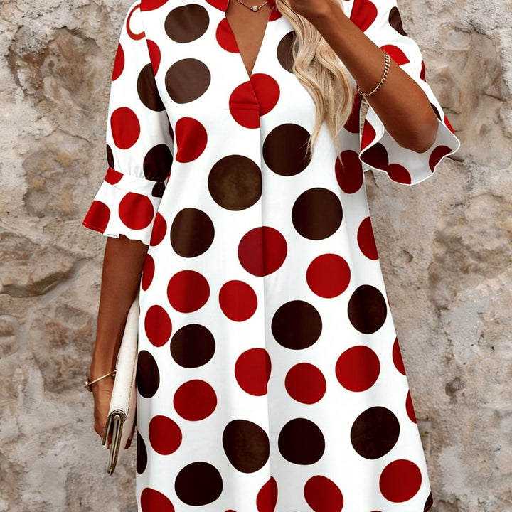 Polka dot mini dress with collared V-neck and ruffled 3/4 sleeves for women