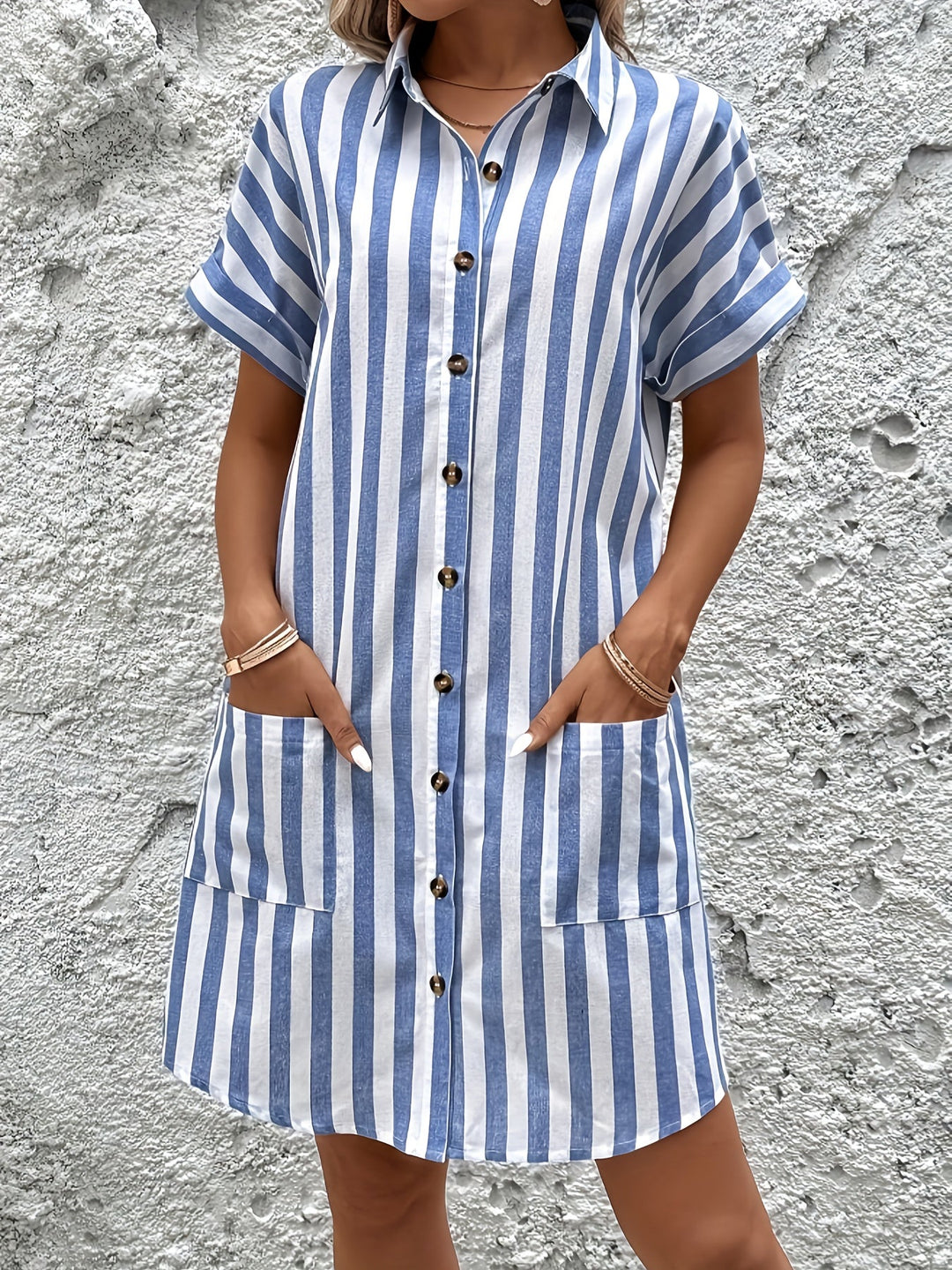 Striped shirt dress with belted waist for women