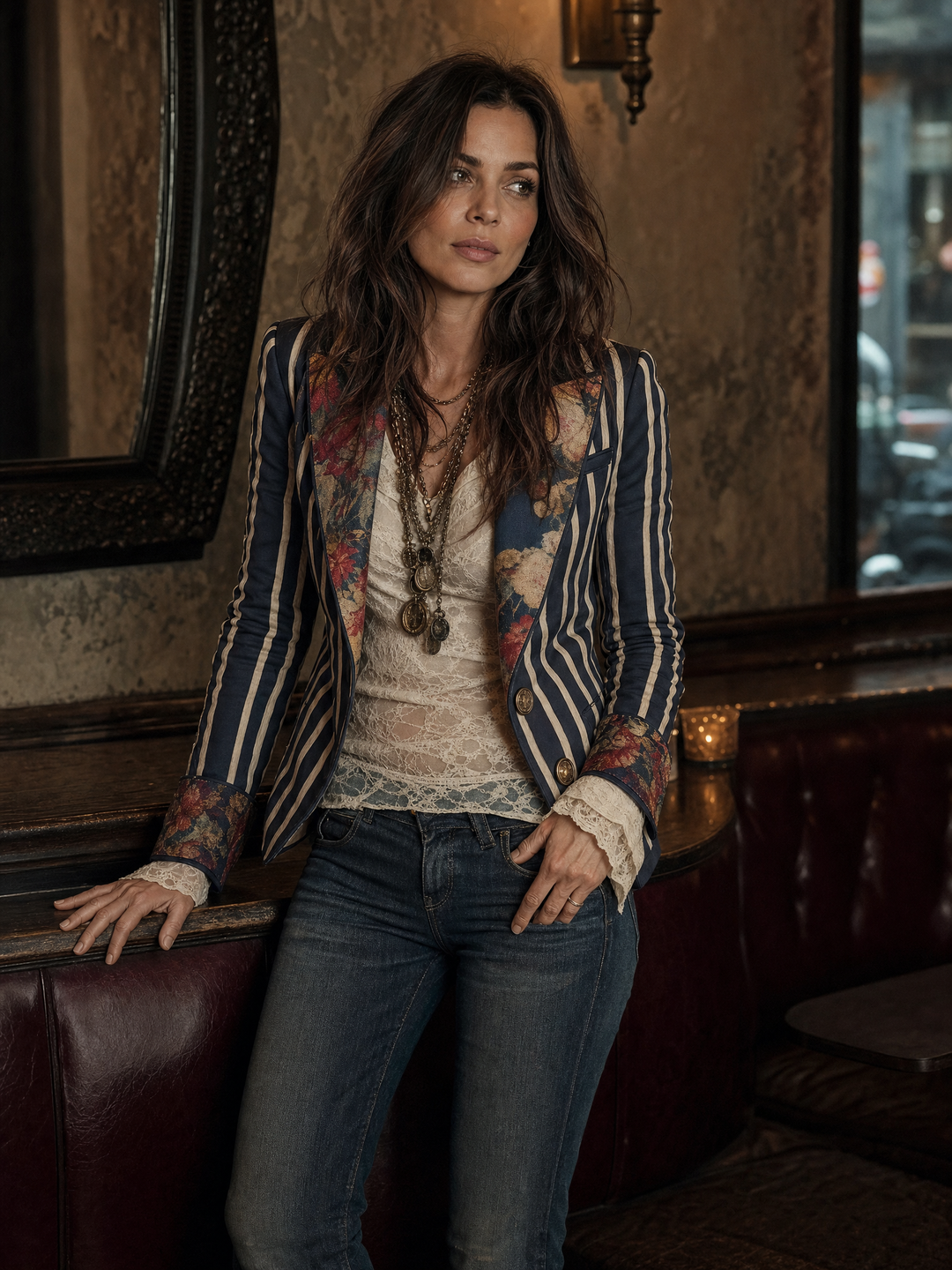 Cotton linen striped blazer with floral print for women