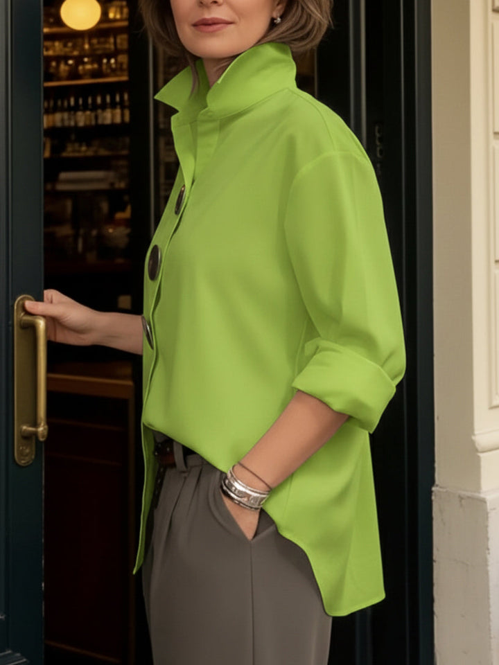 Cotton linen blouse with stand collar and statement buttons for women