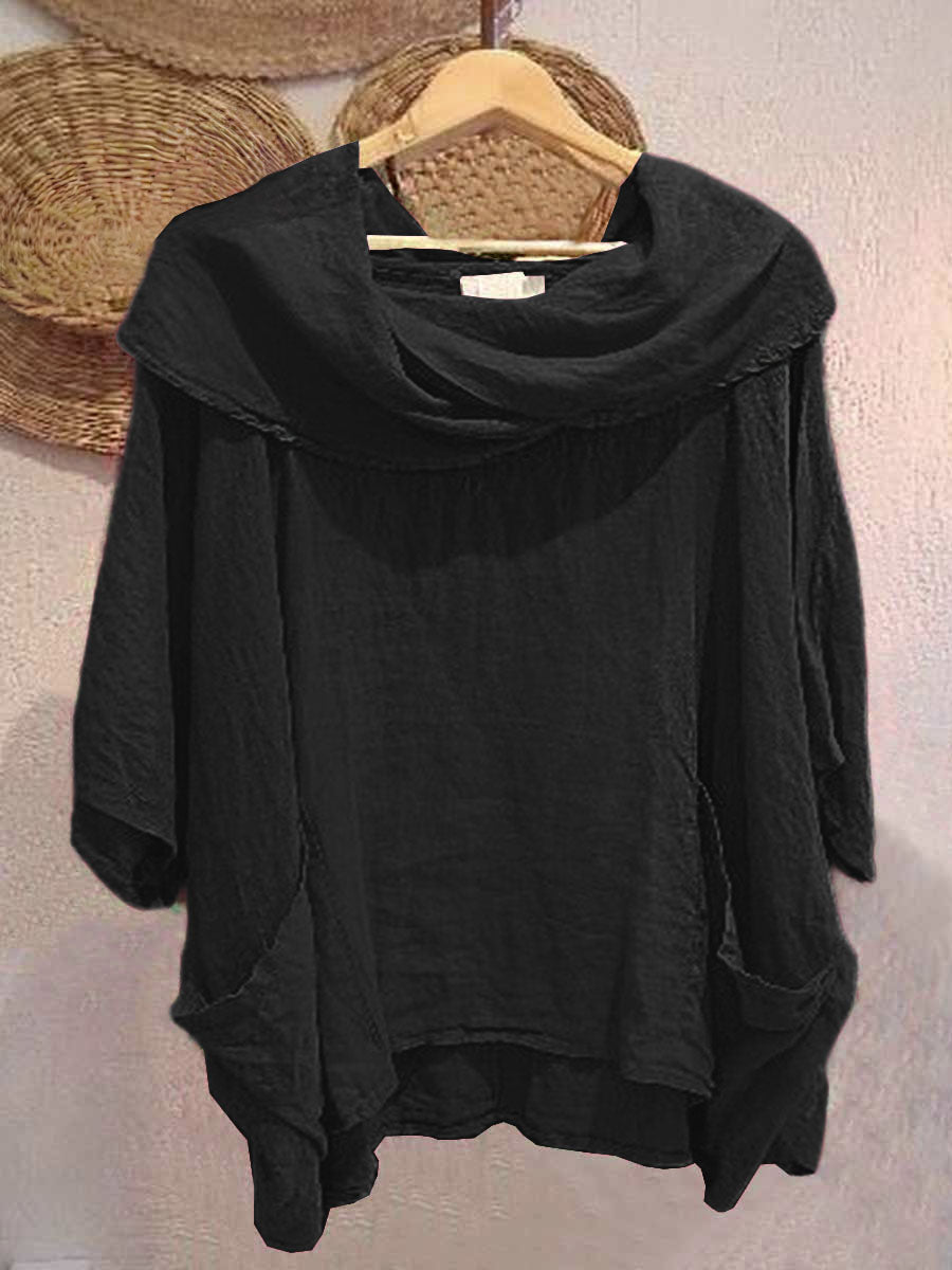 Cotton draped neck top with 3/4 sleeves and pockets for women