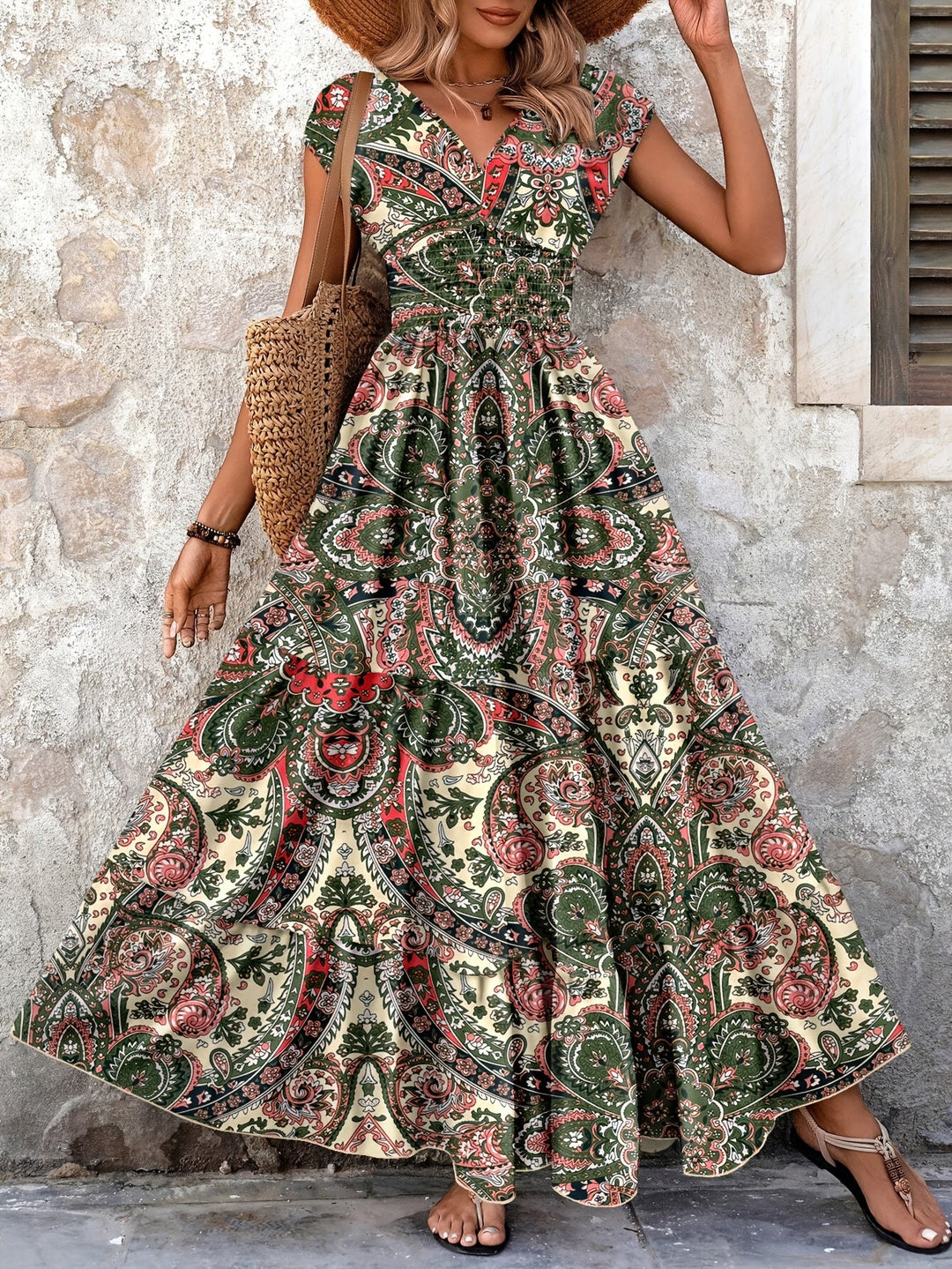 Paisley print maxi dress with gathered waist for women