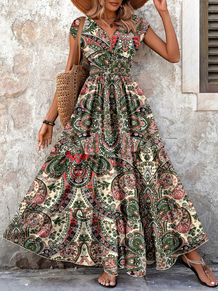 Paisley print maxi dress with gathered waist for women