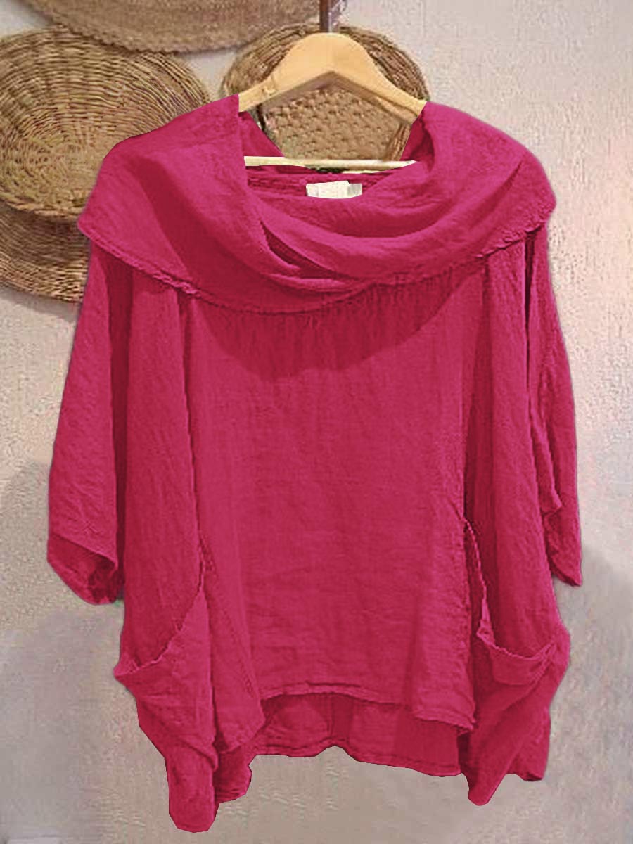 Cotton draped neck top with 3/4 sleeves and pockets for women