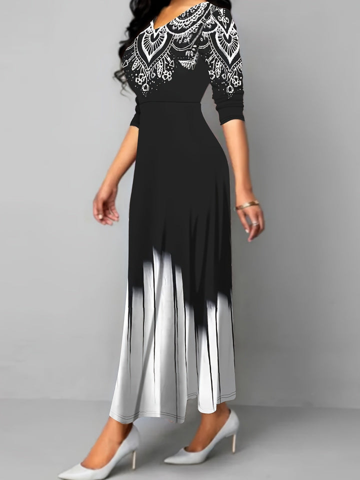 Ornamental print maxi dress with flared skirt for women
