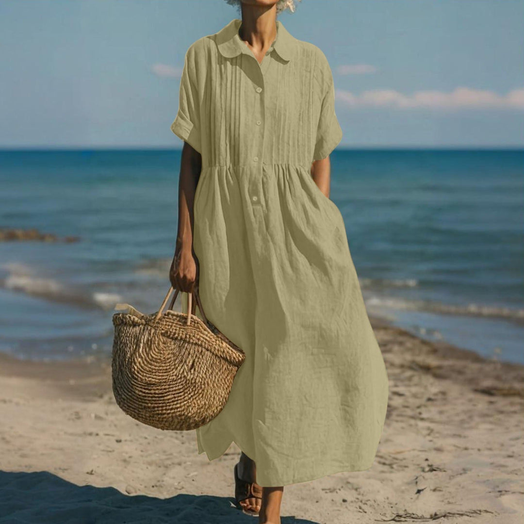 Casual button-down dress with relaxed fit and mid sleeves for women