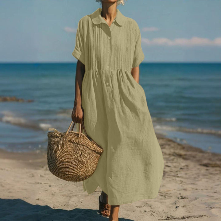 Casual button-down dress with relaxed fit and mid sleeves for women