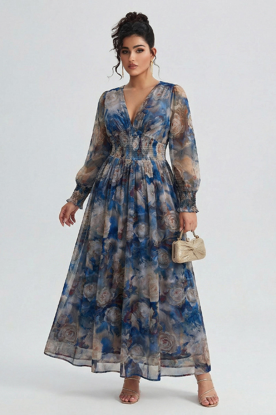 Plus size long sleeve maxi dress with floral waist for women