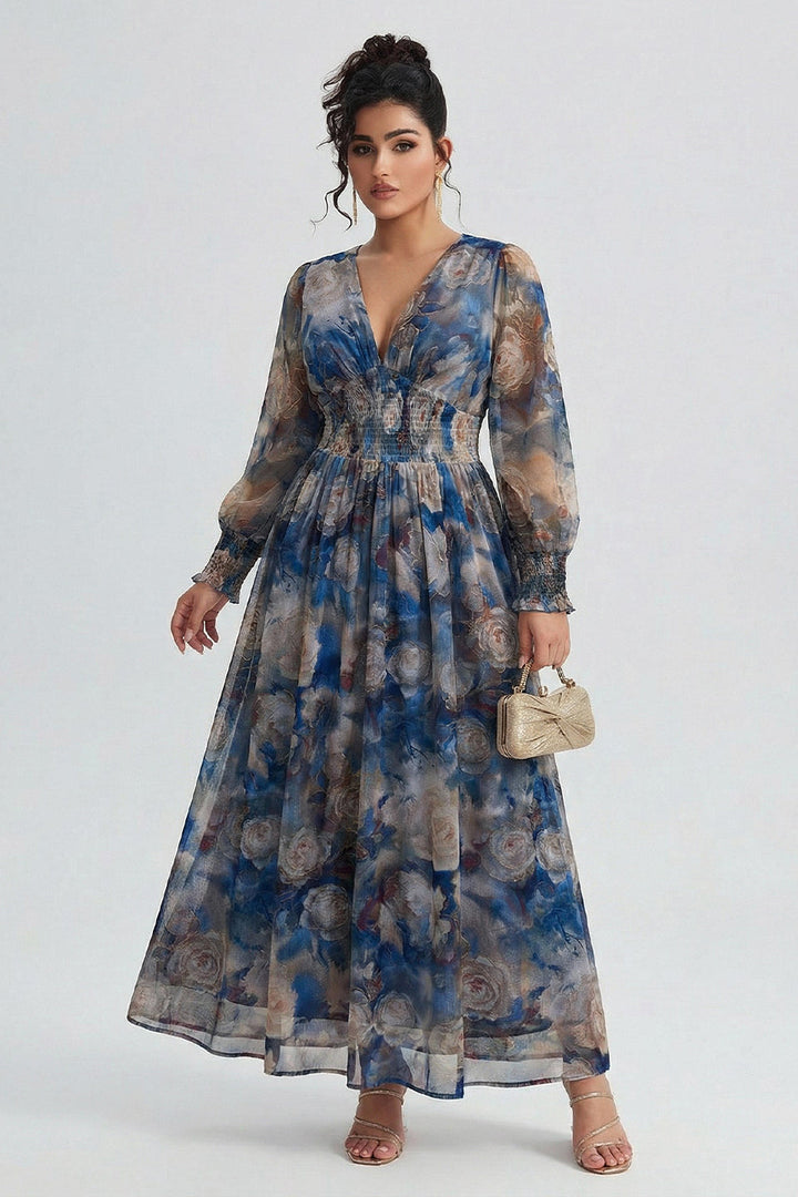 Plus size long sleeve maxi dress with floral waist for women