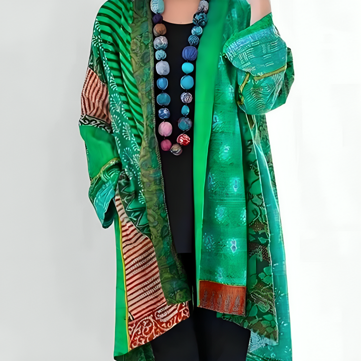 Patchwork print open front longline cardigan for women