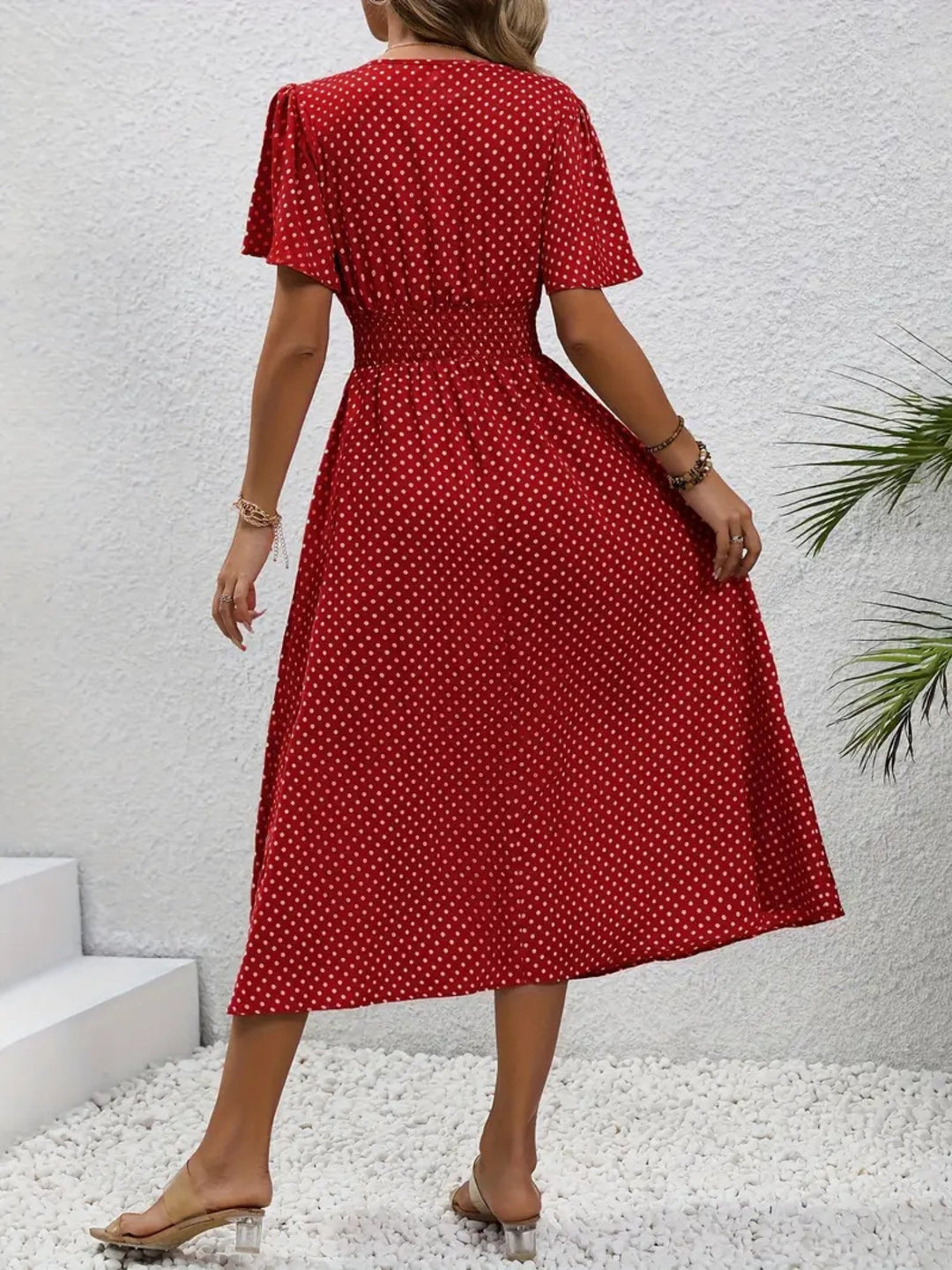 Polka dot maxi dress with flutter sleeves and shaped waist for women