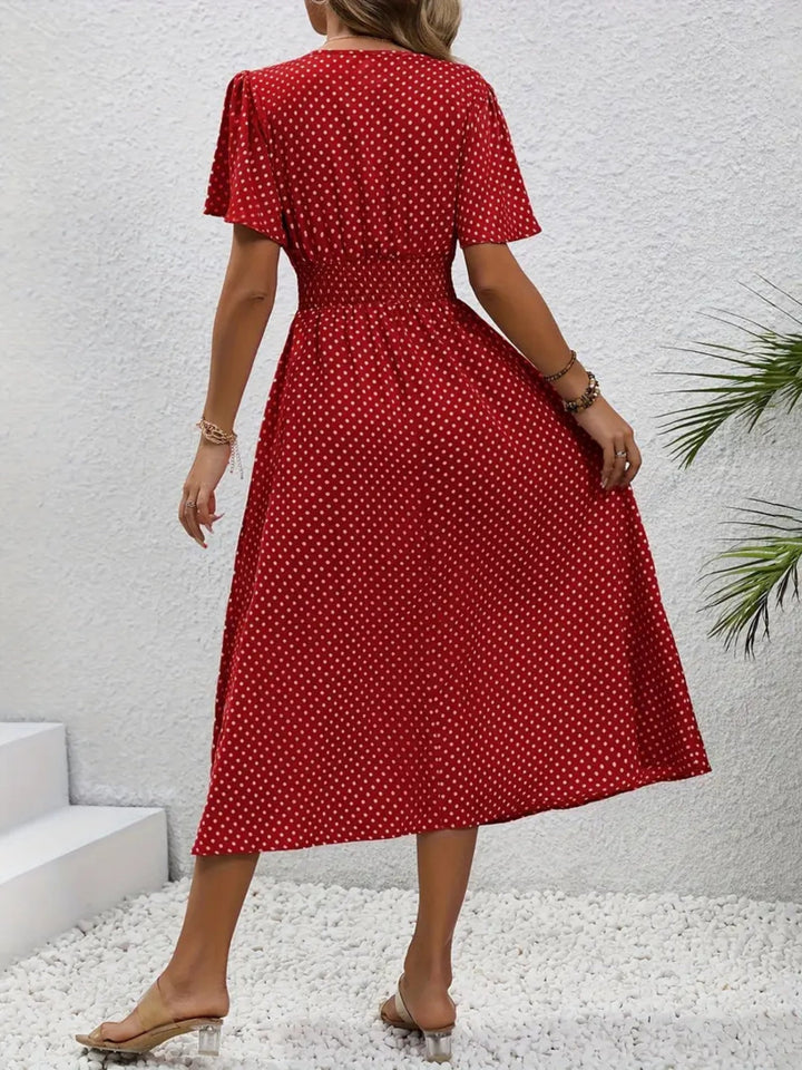 Polka dot maxi dress with flutter sleeves and shaped waist for women