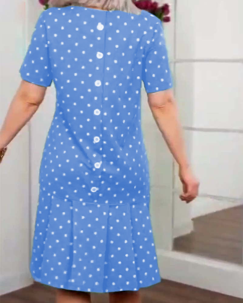 Polka dot dress knee length with buttons and short sleeves for women