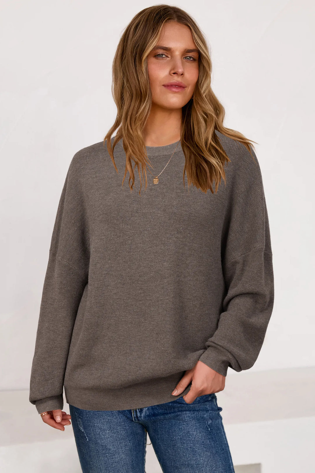 Wool blend oversized crew neck jumper for women