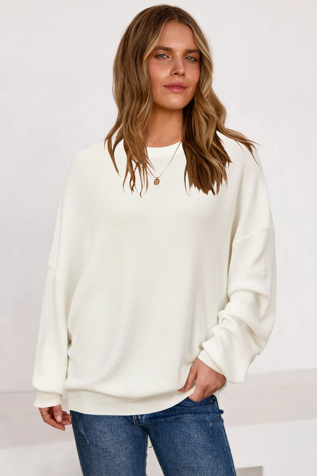 Wool blend oversized crew neck jumper for women