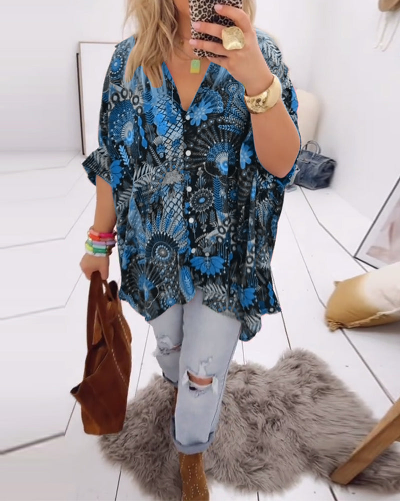 Printed blouse loose fit with lapel collar and half sleeves for women