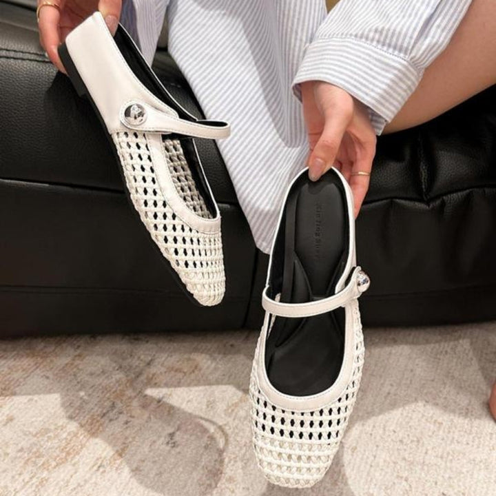 Woven mule flats with Mary Jane strap for women