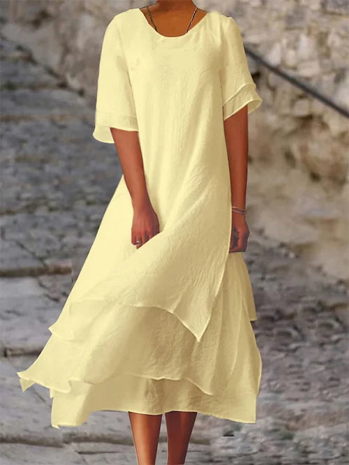 Colour-block double-layer dress with short sleeves and side slit for women