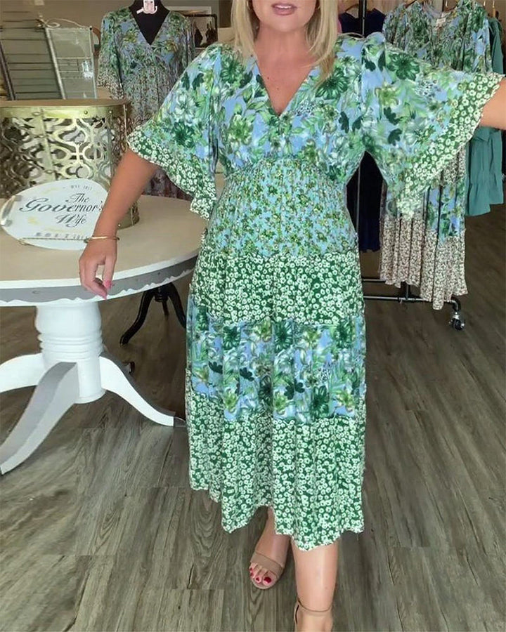 Floral maxi dress with V-neck and ruffle half sleeves for women