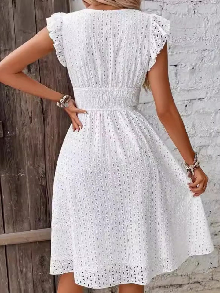 Eyelet midi dress linen blend flutter sleeve V-neck for women