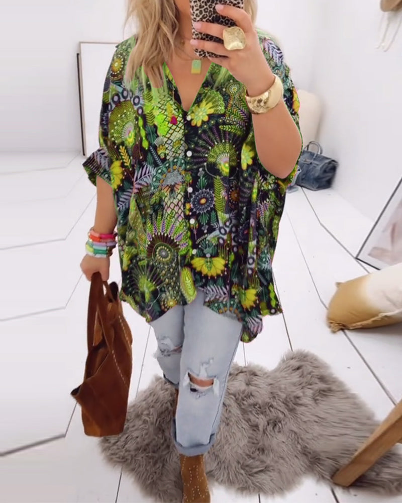 Printed blouse loose fit with lapel collar and half sleeves for women