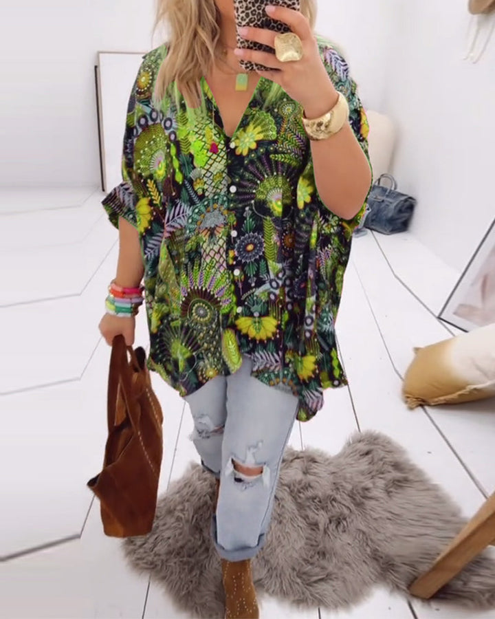 Printed blouse loose fit with lapel collar and half sleeves for women