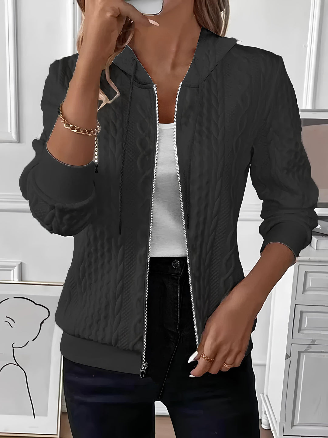 Cable textured zip up hooded jacket for women