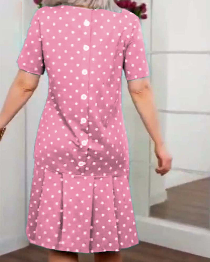 Polka dot dress knee length with buttons and short sleeves for women